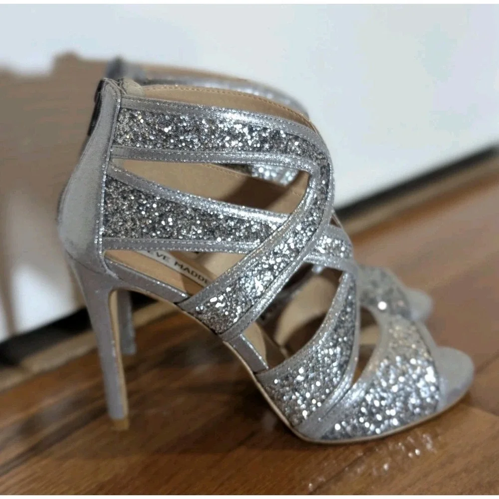 Y2K Glam Steve Madden Immence Silver Glitter Caged Stiletto Heels 7